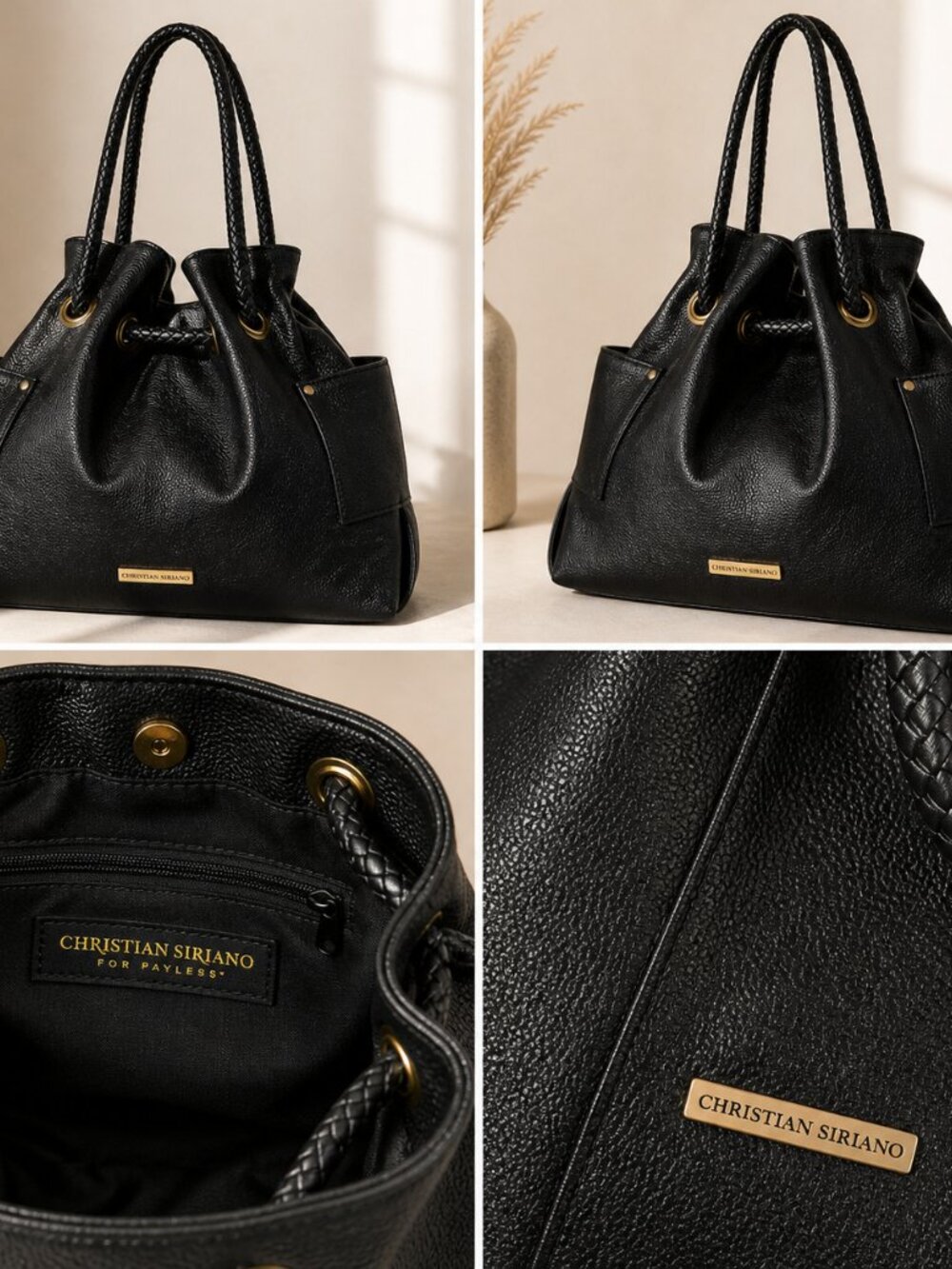 Christian Siriano Black Leather Drawstring Tote Bag Braided Handle - Picture 5 of 5